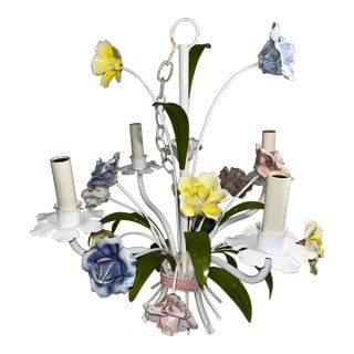 Vintage Italian Tole Chandelier With Porcelain Flowers For Sale