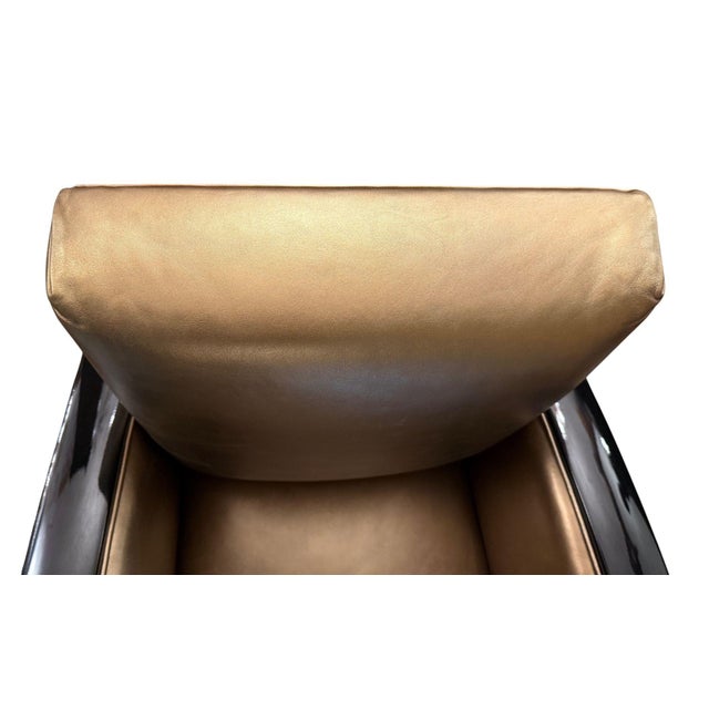 Gold 1930s Pair of French Art Deco Gold and Black Leather Club Chairs For Sale - Image 8 of 9