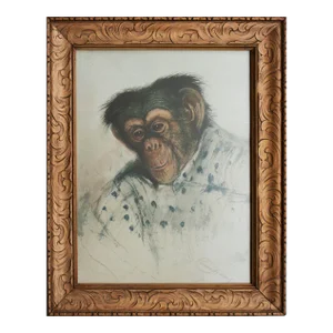 After Edward Lear "Portrait of Chimpanzee", Large Reproduction Print in Antique Frame