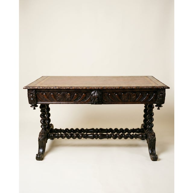 Antique English Jacobean Revival Carved Oak Library Writing Table by Hobbs & Co. London For Sale - Image 11 of 12