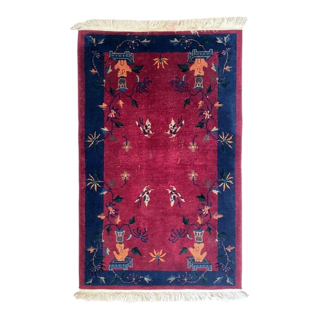 Antique Art Deco Chinese Wool Rug, Butterflies & Crimson Field, C. 1920s — 2'11" × 4'10" For Sale
