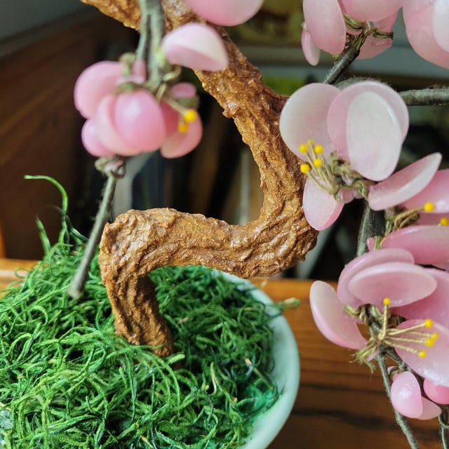 VTG Glass Pink Cherry Blossom Flowers Leaves Bonsai Tree 12" Tall 4.5" Round MCM For Sale - Image 9 of 16