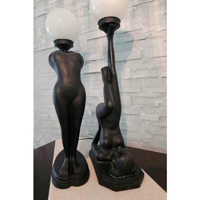 Set of 2 Vintage Art Deco Black Lamps Nude Woman Holding a Globe Figural For Sale - Image 11 of 12