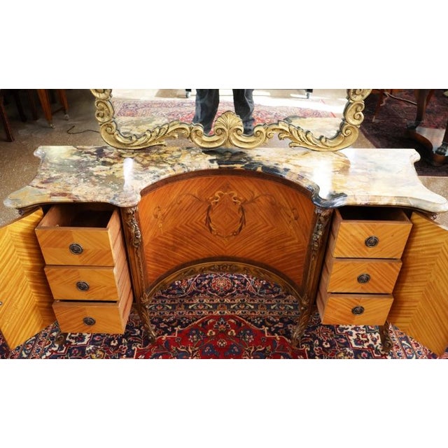 Brown French Louis XV Style Walnut and Satinwood Inlaid Marble Top Vanity Circa 1920's For Sale - Image 8 of 14