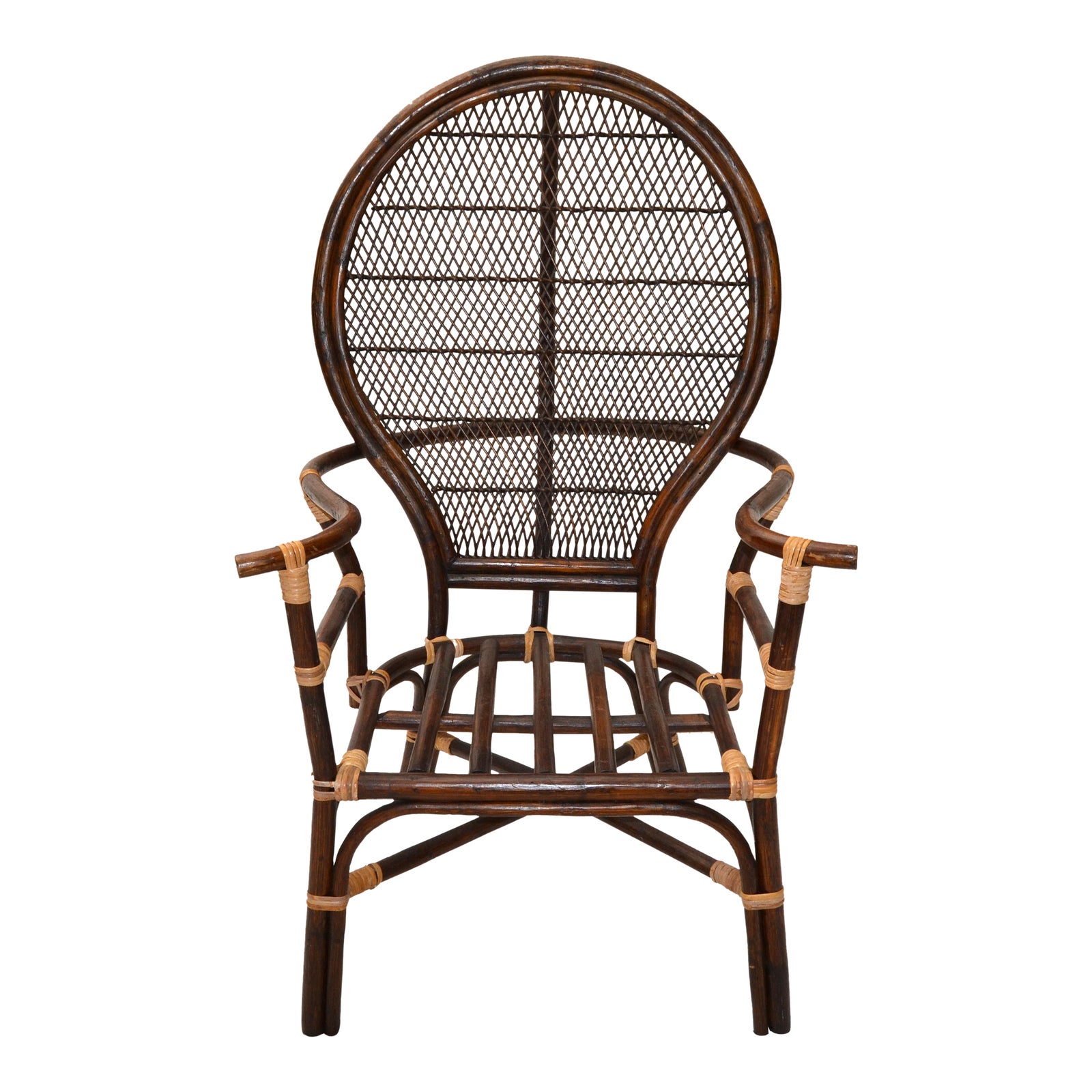 Dark Bent Bamboo & Cane Armchair Handwoven Wingback Chair Bohemian