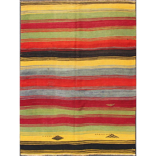 Colorful Vintage Turkish Kilim Rug With Subtle Tribal Shapes and Stripes Design For Sale - Image 13 of 13