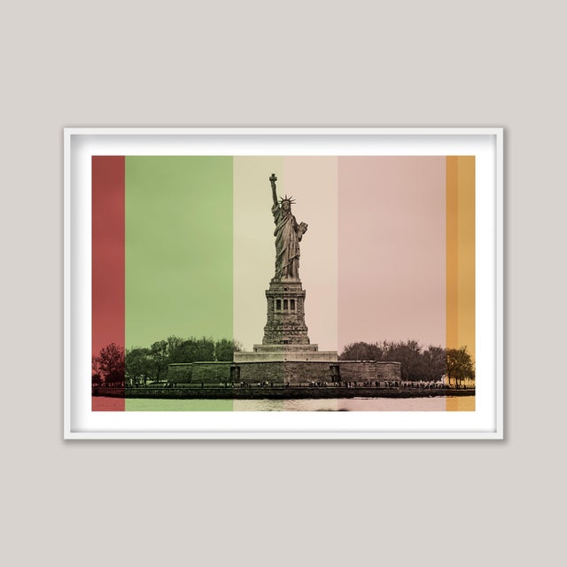 A monotone photograph of the Statue of Liberty in New York, overlaid with digitally added pastel block colours. The...