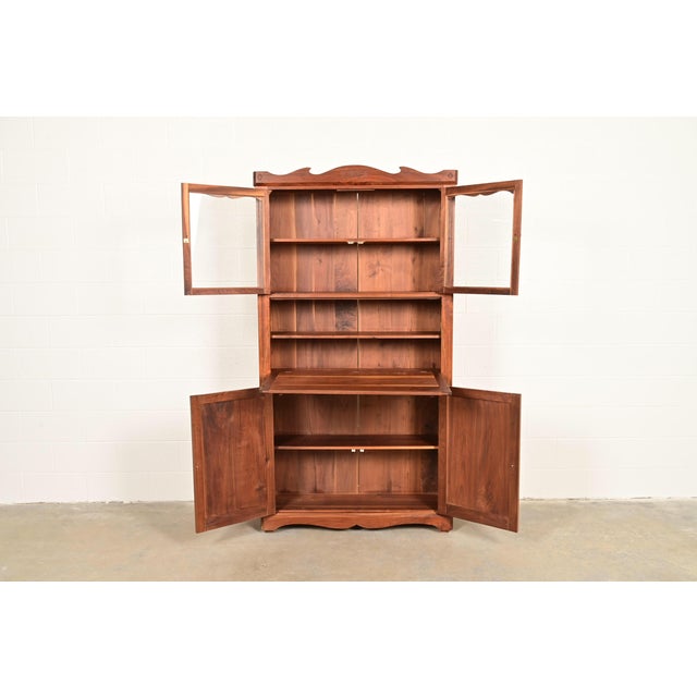 1980s English Country Farmhouse Studio Crafted Carved Walnut Drop Front Secretary Desk With Bookcase For Sale - Image 5 of 14