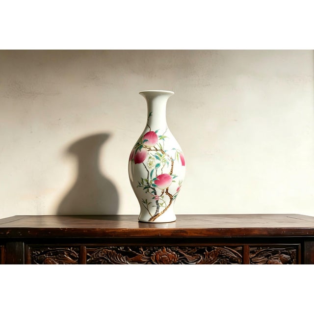 Art Deco Chinese Ceramic Vase,Yongzheng Marked Famille Rose Porcelain Vase Hand Painted Eight Peaches Pattern For Sale - Image 3 of 11