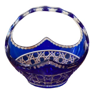 Vintage Limited Edition Cobalt Blue Cut to Clear Bohemian Crystal Centerpiece Basket For Sale
