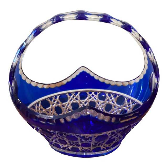 Vintage Limited Edition Cobalt Blue Cut to Clear Bohemian Crystal Centerpiece Basket For Sale
