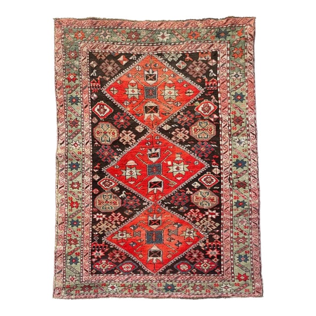 Antique Caucasian Sage Green Border Charcoal Black Field Rug 3.11 x 5.8 For Sale