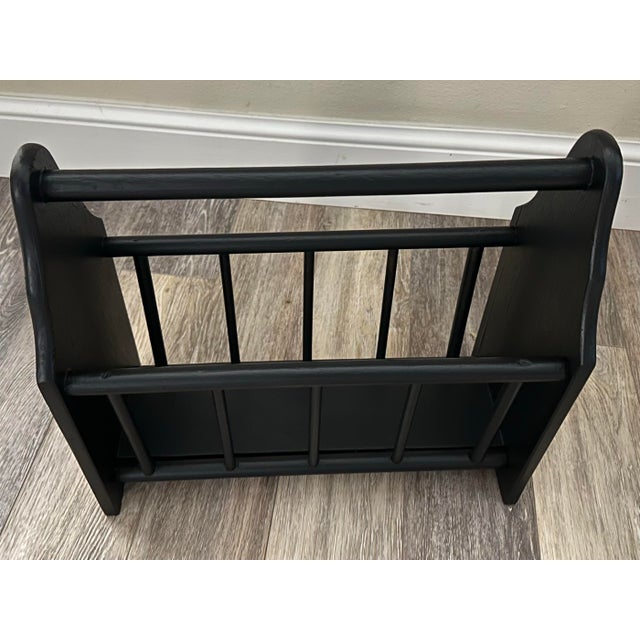 Vintage Mid 20th Century Primitive Americana Style Black Wood Magazine Rack For Sale - Image 10 of 10