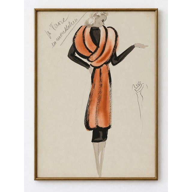 This vintage French fashion art print reproduction features a woman in a rust-toned tunic over a black dress, with...