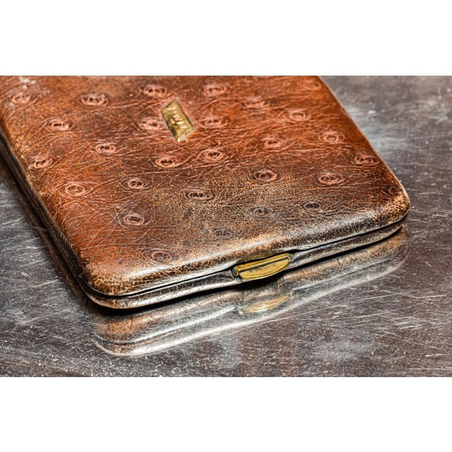 Luxurious Hand Made Antique Ostrich Leather Wallet Art Deco With 14k Gold PWM Monogram Plaque For Sale - Image 4 of 9