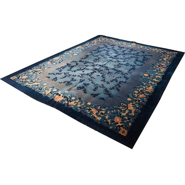 Chinese 1920s Blue Foliate Antique Chinese Peking Rug 9'x11' 11" Handknotted Wool Carpet For Sale - Image 3 of 12