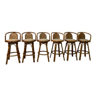 Vintage Bamboo and Cane Swivel Bar Stools - Set of 6 For Sale