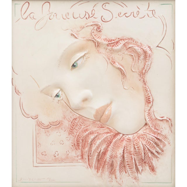 A figurative ceramic tile titled "La Jousese Secret" by Frank Gallo. Circa 1980s. Signed on the lower left with an...