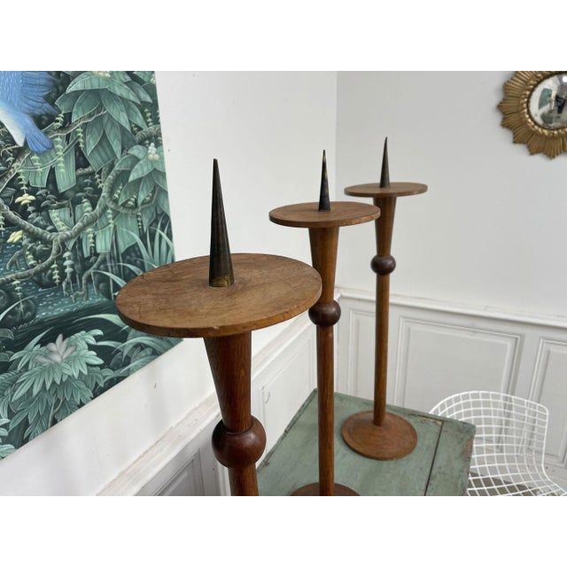 Oak Candleholders, 1950s, Set of 3 For Sale - Image 4 of 9