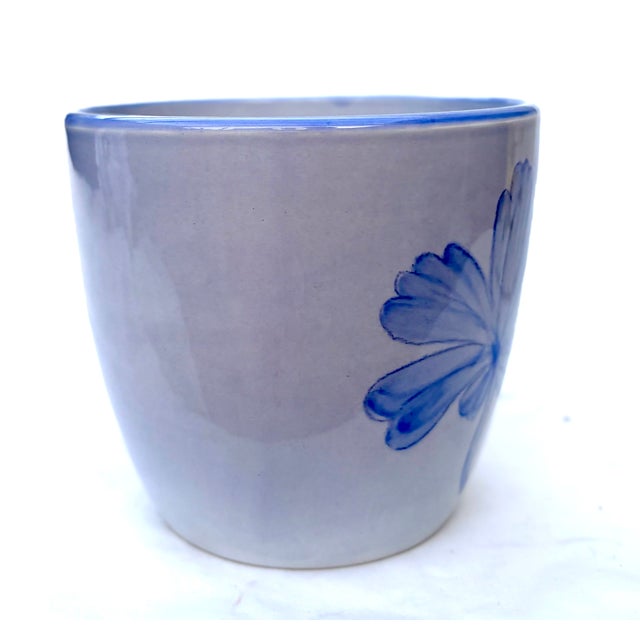 Late 20th Century Late 20th Century Portuguese Folk Art Salt Glazed Stoneware Cachepot With a Cobalt Blue Flower by New England Pottery For Sale - Image 5 of 8