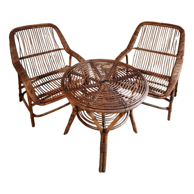 Vintage Rattan Lounge Set, France, 1940s, Set of 3 For Sale