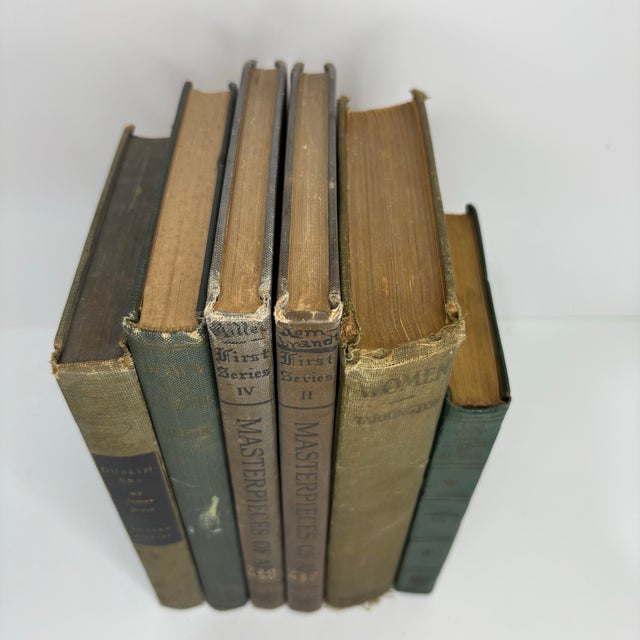 Set of 6 vintage and antique books in shades of green. Varying subject matters and sizes. Condition varies and most are...