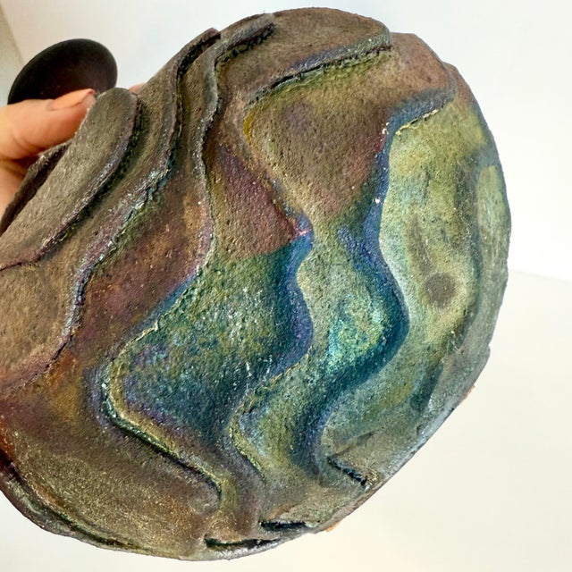 Black Vintage Raku Pottery 8” Tall Signed Middleton ‘90 Iridescent Weedpot Vase For Sale - Image 8 of 12