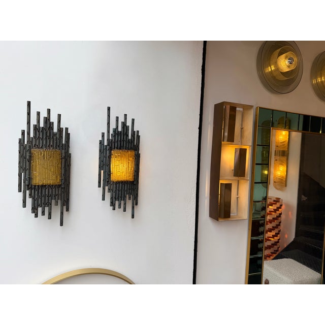 Mid-Century Modern Brutalist pair of set of 2 wall lights lightings lamps sconces sculpture in wrought iron and yellow...
