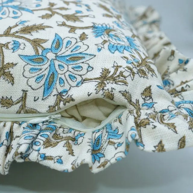 Fabdivine Elegant Block Printed Frill Cushion Cover Blue 14x14 Inch Off-White Linen- Neerabel For Sale - Image 4 of 5