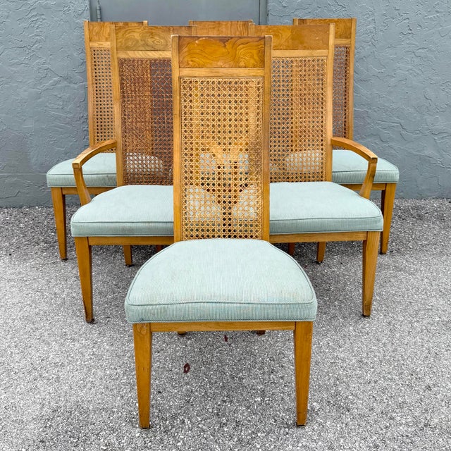 Striking set of six vintage Mid-Century Modern dining chairs featuring tall, dramatically proportioned backs with woven...