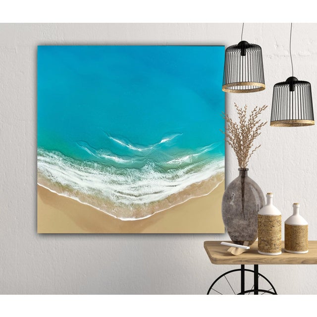 Abstract Turquoise Dreams by Ana Hefco | Layered tinted resin on wood panel Abstract ocean scene with beach. For Sale - Image 3 of 5