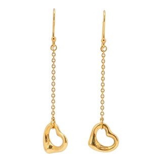 Tiffany & Co. Elsa Peretti 18k Yellow Gold Open Heart Dangle Earrings, A Pair For Sale