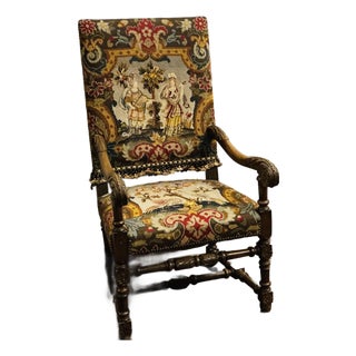 Antique William and Mary Style Chair With Needlepoint Seat and Front of Back For Sale