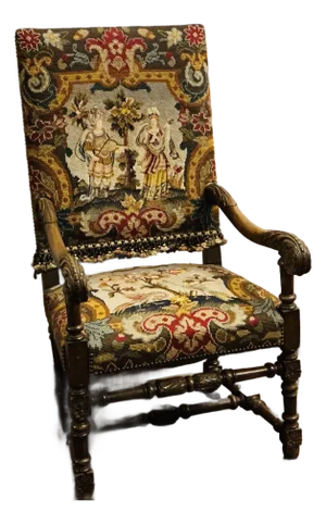 Antique William and Mary Style Chair With Needlepoint Seat and Front of Back