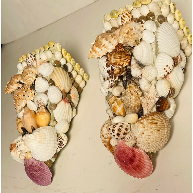 1970s Vintage Great Pair of Coastal Sea Shell Encrusted Wall Brackets For Sale - Image 5 of 8