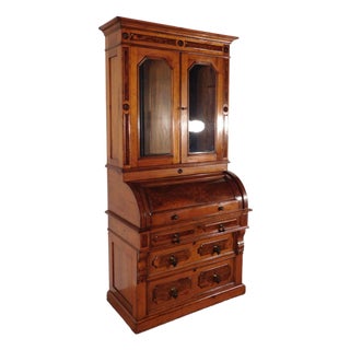Antique 1880s Victorian Eastlake Burled Walnut Cylinder Secretary Bookcase Desk For Sale