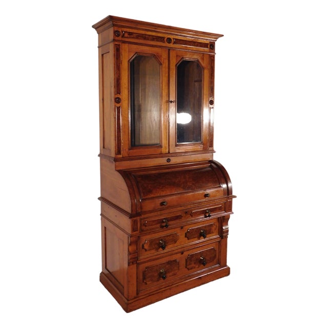 Antique 1880s Victorian Eastlake Burled Walnut Cylinder Secretary Bookcase Desk For Sale