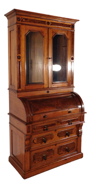 Antique 1880s Victorian Eastlake Burled Walnut Cylinder Secretary Bookcase Desk