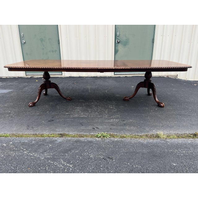 Banded Mahogany Chippendale Style Double Pedestal Extension Dining Table- Mid 1900s For Sale - Image 4 of 12