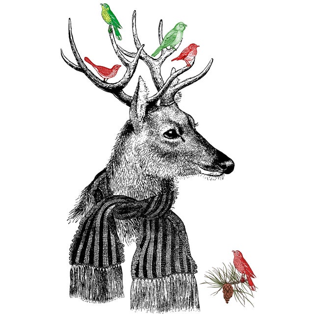 This design will bring a smile to anyone's face. Holiday Reindeer with Scarf and Birds Beige Linen Pillow 20" x 20" Hidden...