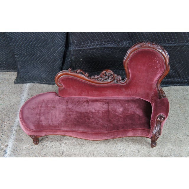 1970s Miniature Victorian Revival Red Velvet & Carved Mahogany Chaise Lounge Dog Bed For Sale - Image 12 of 13
