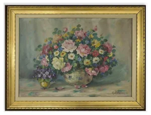 Giuseppe Salvini, Still Life of Flowers, Oil on Canvas, Mid-20th Century, Framed