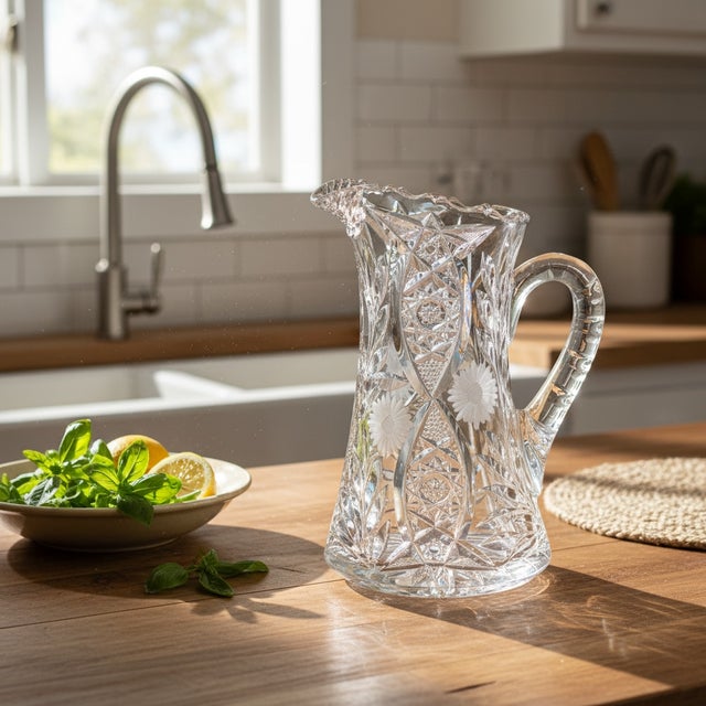 Transparent American Brilliant Period Cut Glass Water Pitcher – Deep Wheel Cut Hobstars & Fans – C. 1895–1915 For Sale - Image 8 of 8