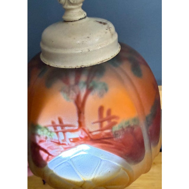 Metal Antique 1920s Reverse Painted Puffed Glass Boudoir Lamp Jefferson Style Scenic Sunset For Sale - Image 7 of 15