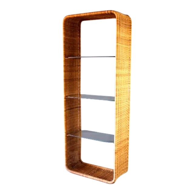 Vintage Wicker Glass Etagere Designed by Louis Sognot French Boho Chic For Sale