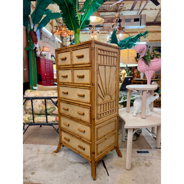 Vintage Rising Sun Rattan & Woven Lingerie Chest – Seven Drawer Tall Chest For Sale - Image 12 of 12