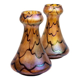 Amber-Orange Vases in Iridescent Molded Glass with Wavy Relief Decor from Pallme-König & Habel, Bohemia, 1900s, Set of 2 For Sale