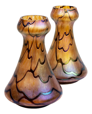 Amber-Orange Vases in Iridescent Molded Glass with Wavy Relief Decor from Pallme-König & Habel, Bohemia, 1900s, Set of 2
