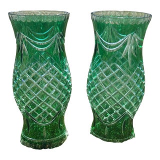 Vintage Emerald Green Cut Crystal Hurricane Vases | Diamond Cut Decor, Pair For Sale