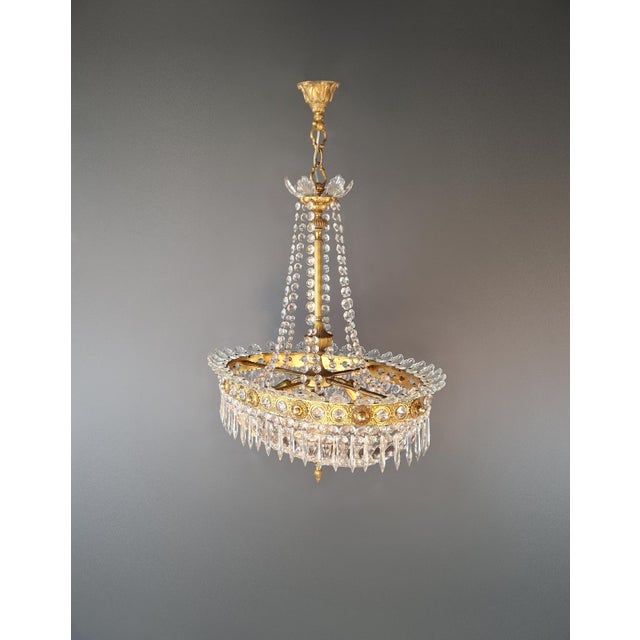 Brass Antique Oval Empire Style Crystal Chandelier Brass Neoclassical Light Restored For Sale - Image 8 of 15
